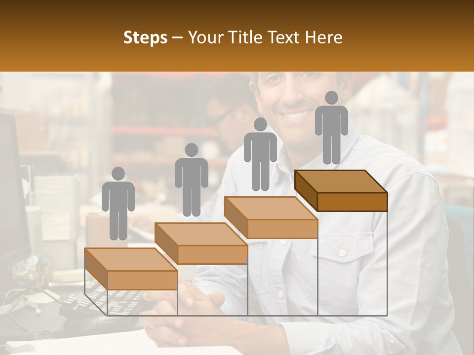 A Man Sitting At A Desk In Front Of A Computer PowerPoint Template