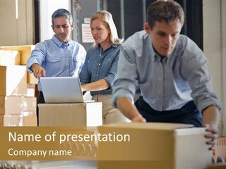 A Group Of People Moving Boxes In A Warehouse PowerPoint Template