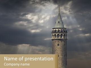 A Tall Tower With A Sky Background With Clouds PowerPoint Template