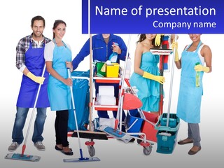 A Group Of People With Cleaning Equipment Posing For A Picture PowerPoint Template