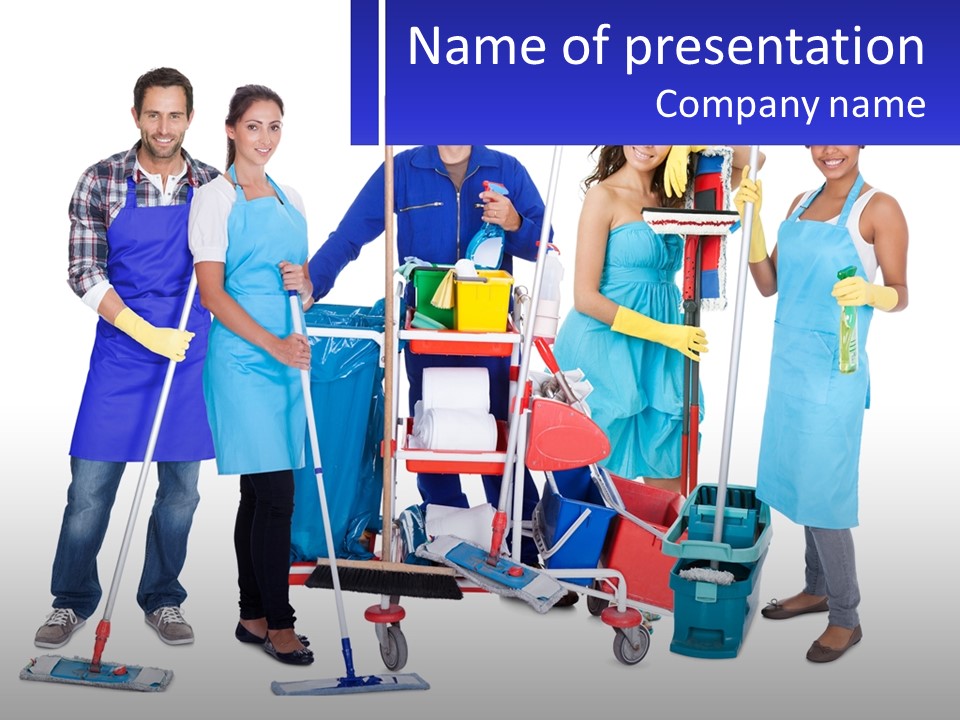 A Group Of People With Cleaning Equipment Posing For A Picture PowerPoint Template