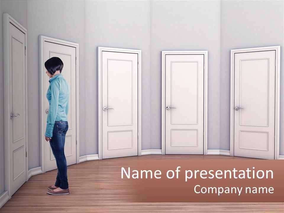 A Person Standing In Front Of A Row Of Doors PowerPoint Template