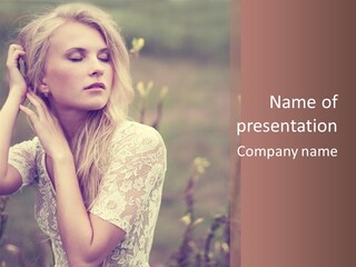 A Woman In A White Dress Is Posing For A Picture PowerPoint Template