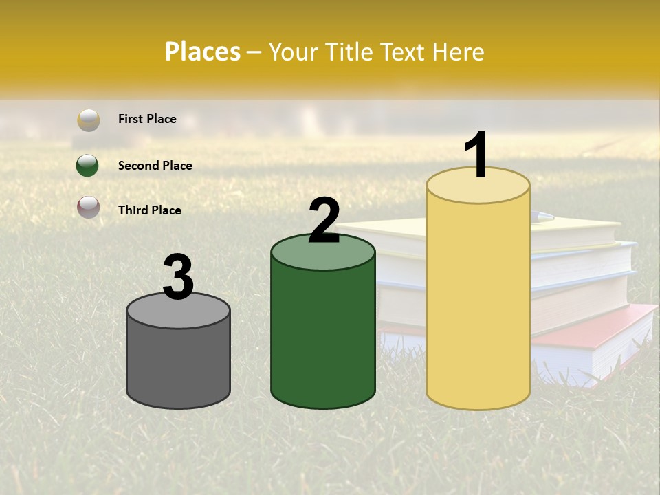A Stack Of Books Sitting On Top Of A Lush Green Field PowerPoint Template