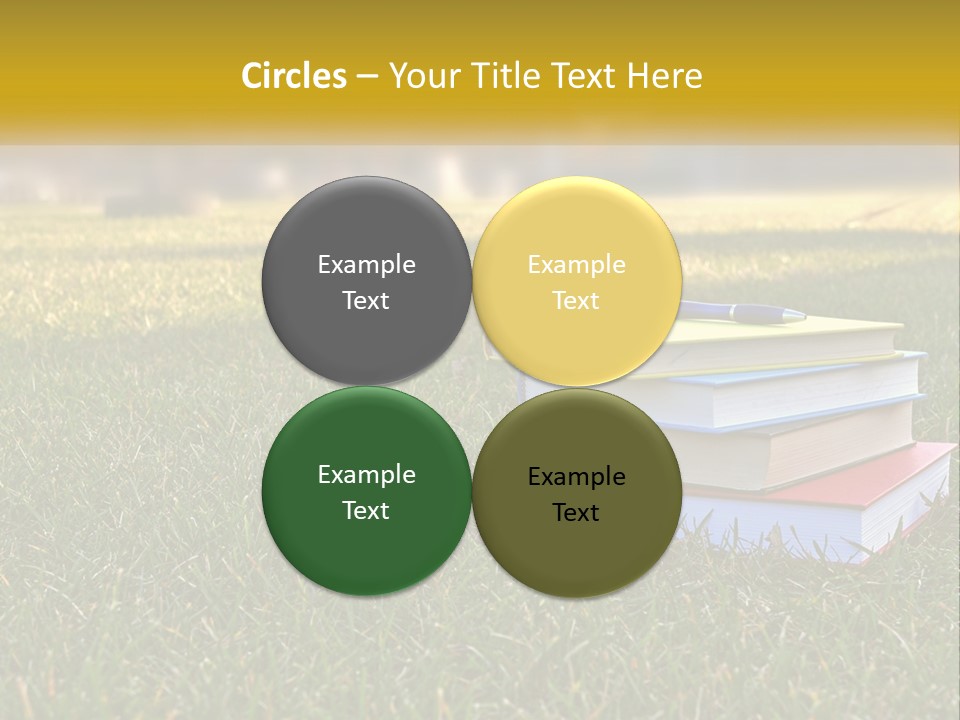 A Stack Of Books Sitting On Top Of A Lush Green Field PowerPoint Template