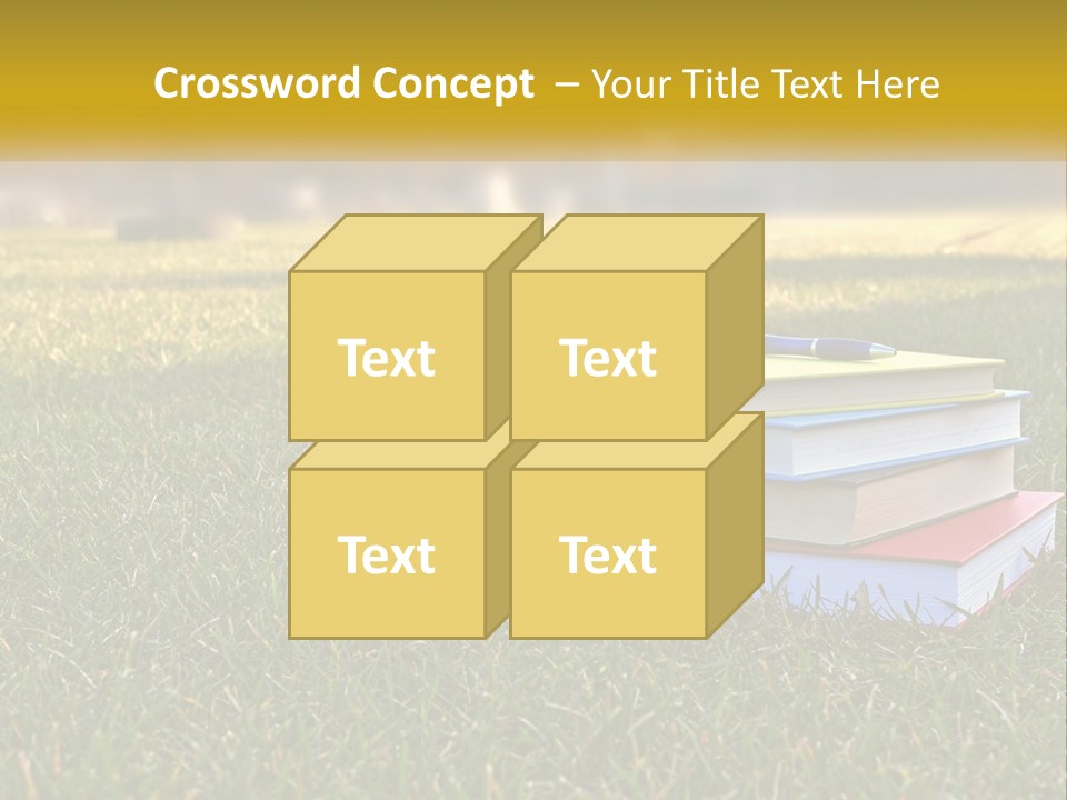 A Stack Of Books Sitting On Top Of A Lush Green Field PowerPoint Template