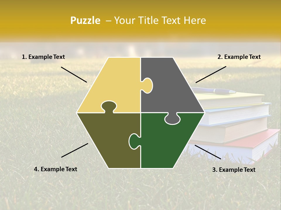 A Stack Of Books Sitting On Top Of A Lush Green Field PowerPoint Template