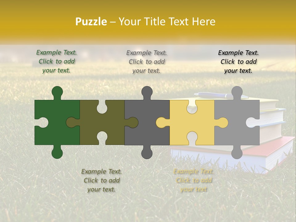 A Stack Of Books Sitting On Top Of A Lush Green Field PowerPoint Template
