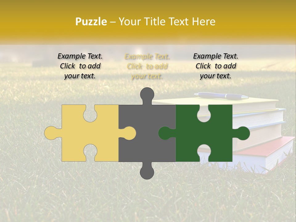 A Stack Of Books Sitting On Top Of A Lush Green Field PowerPoint Template