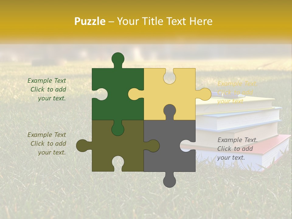 A Stack Of Books Sitting On Top Of A Lush Green Field PowerPoint Template