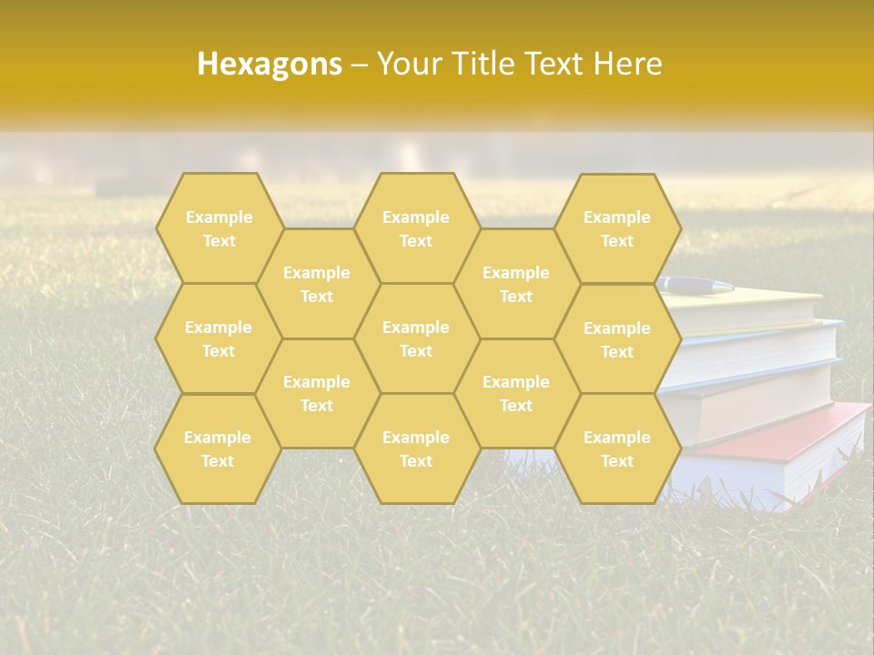 A Stack Of Books Sitting On Top Of A Lush Green Field PowerPoint Template