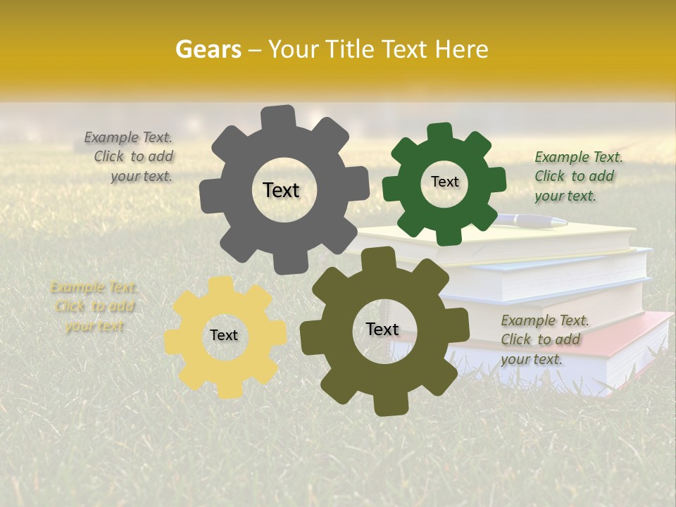 A Stack Of Books Sitting On Top Of A Lush Green Field PowerPoint Template