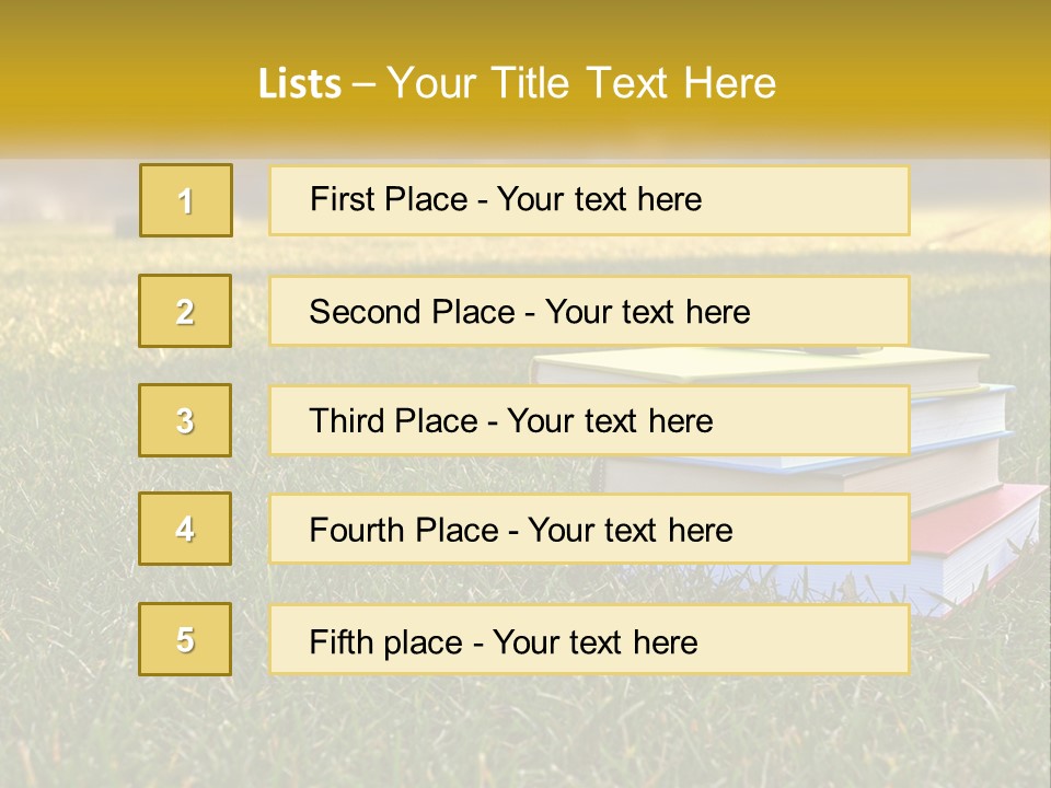 A Stack Of Books Sitting On Top Of A Lush Green Field PowerPoint Template