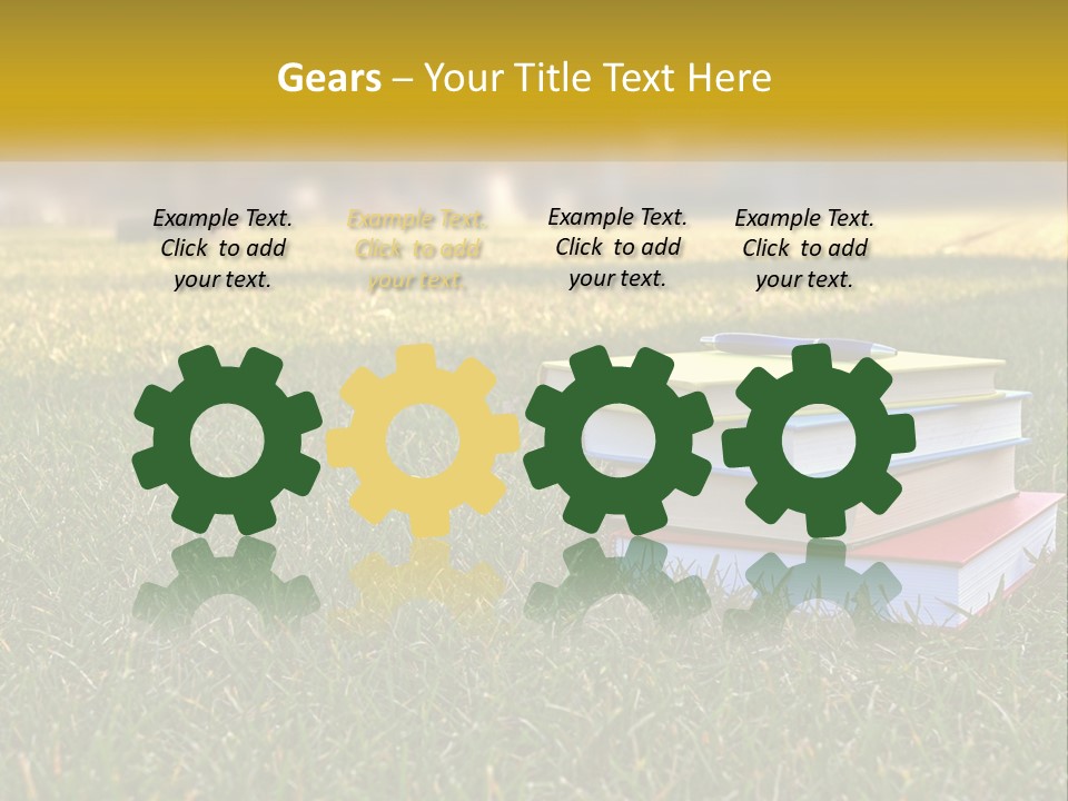 A Stack Of Books Sitting On Top Of A Lush Green Field PowerPoint Template