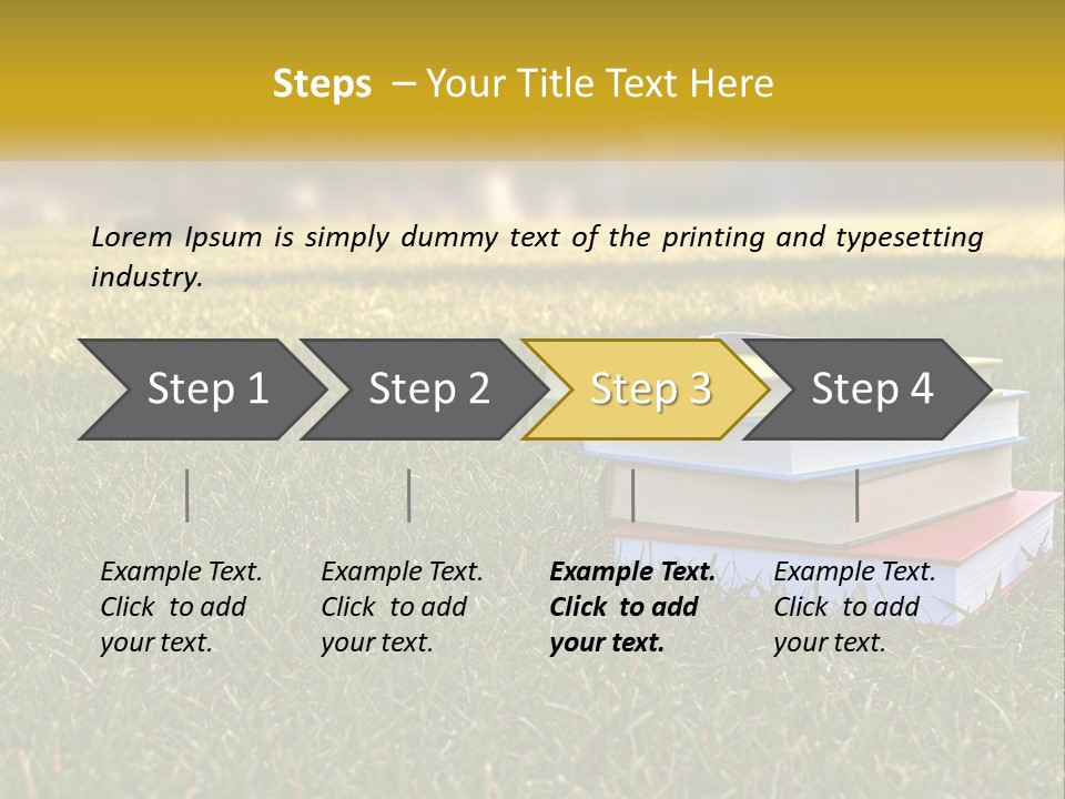A Stack Of Books Sitting On Top Of A Lush Green Field PowerPoint Template