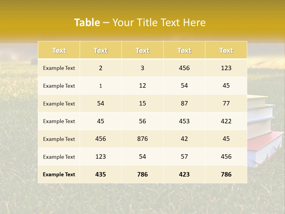 A Stack Of Books Sitting On Top Of A Lush Green Field PowerPoint Template