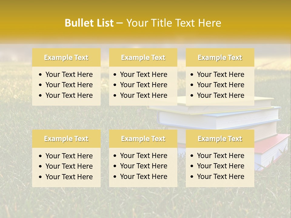 A Stack Of Books Sitting On Top Of A Lush Green Field PowerPoint Template