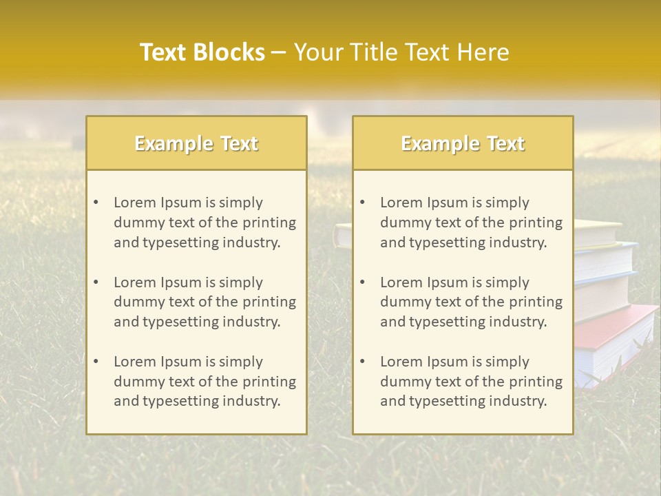 A Stack Of Books Sitting On Top Of A Lush Green Field PowerPoint Template