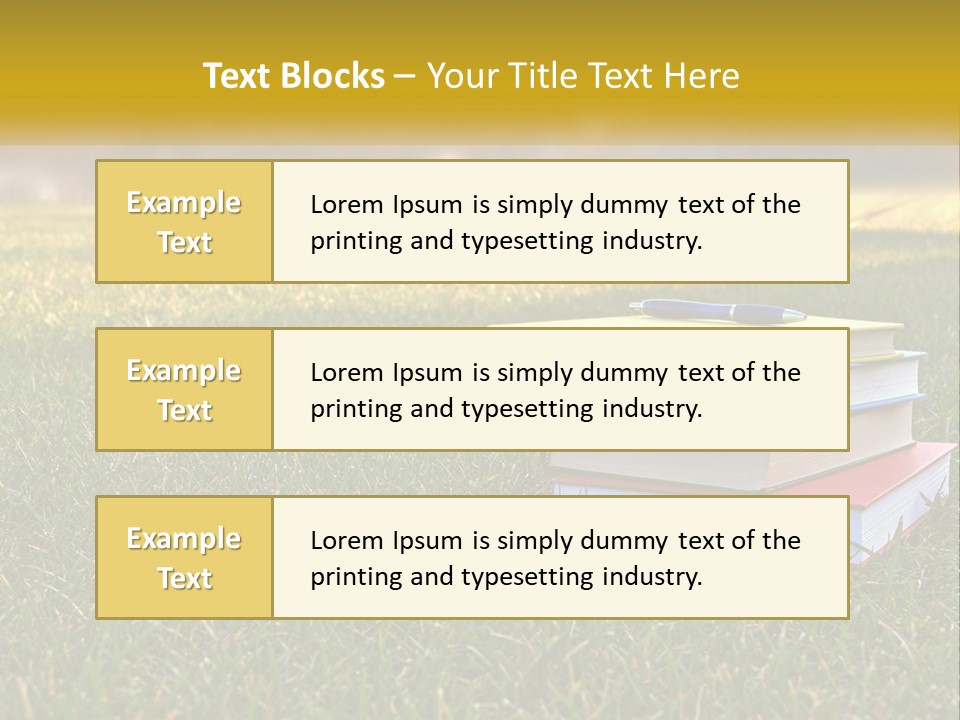 A Stack Of Books Sitting On Top Of A Lush Green Field PowerPoint Template