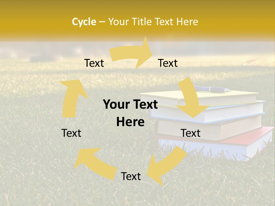 A Stack Of Books Sitting On Top Of A Lush Green Field PowerPoint Template