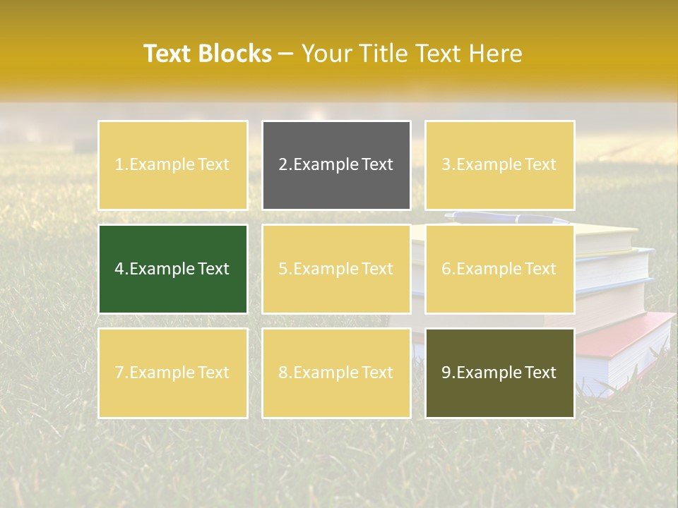 A Stack Of Books Sitting On Top Of A Lush Green Field PowerPoint Template