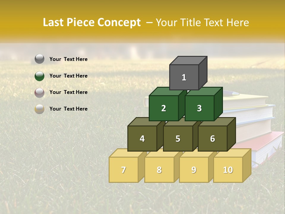A Stack Of Books Sitting On Top Of A Lush Green Field PowerPoint Template