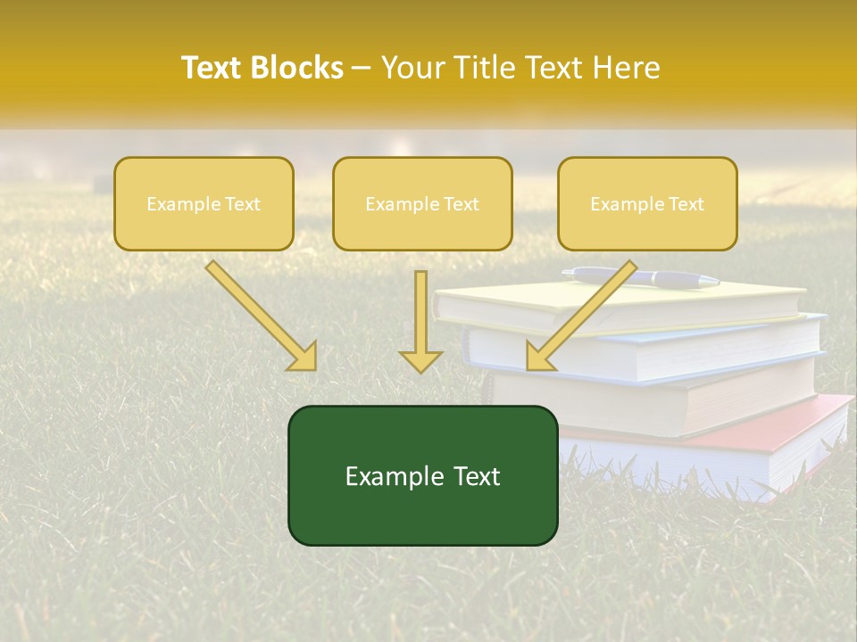A Stack Of Books Sitting On Top Of A Lush Green Field PowerPoint Template