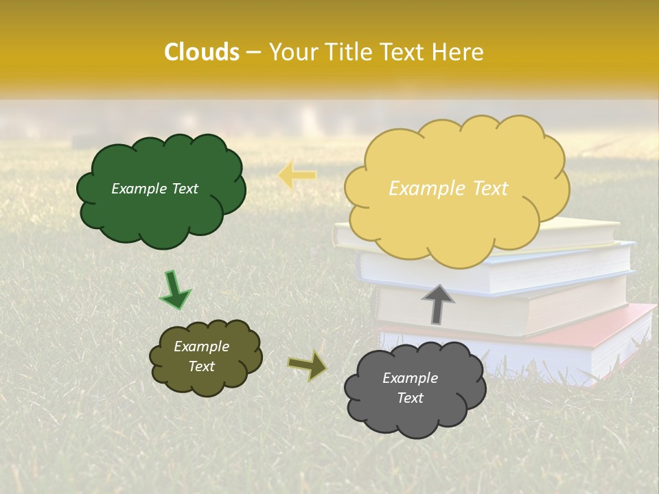 A Stack Of Books Sitting On Top Of A Lush Green Field PowerPoint Template