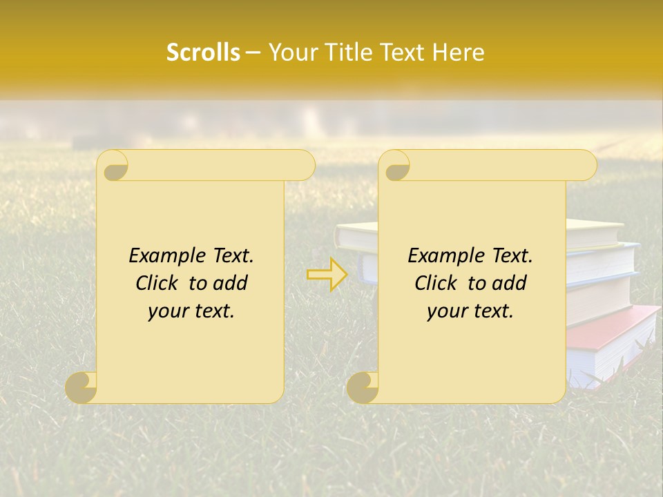 A Stack Of Books Sitting On Top Of A Lush Green Field PowerPoint Template