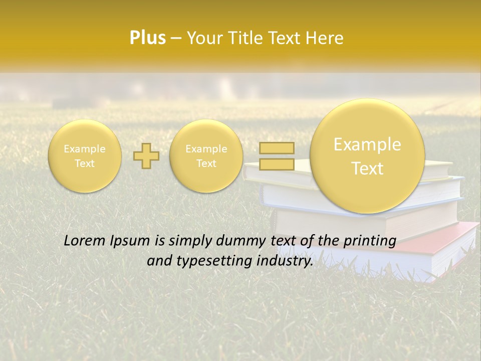 A Stack Of Books Sitting On Top Of A Lush Green Field PowerPoint Template