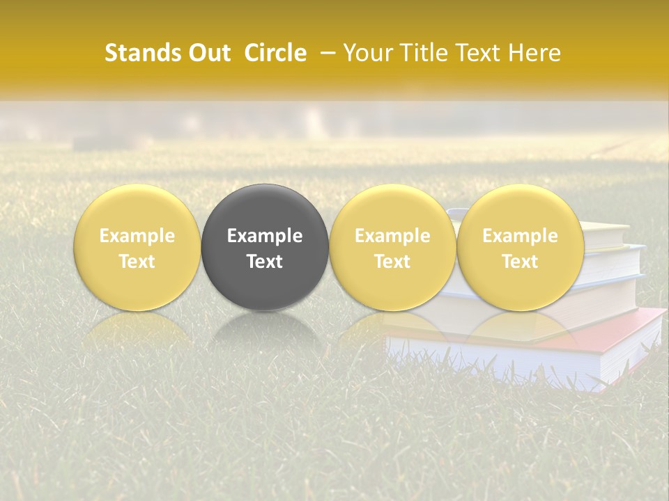 A Stack Of Books Sitting On Top Of A Lush Green Field PowerPoint Template