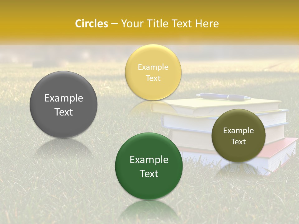 A Stack Of Books Sitting On Top Of A Lush Green Field PowerPoint Template