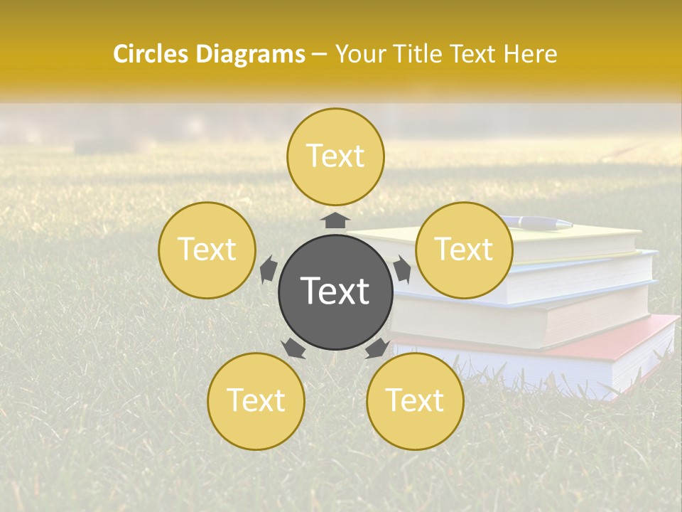 A Stack Of Books Sitting On Top Of A Lush Green Field PowerPoint Template