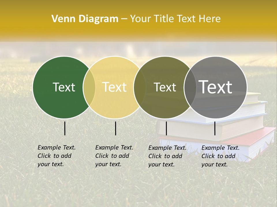 A Stack Of Books Sitting On Top Of A Lush Green Field PowerPoint Template
