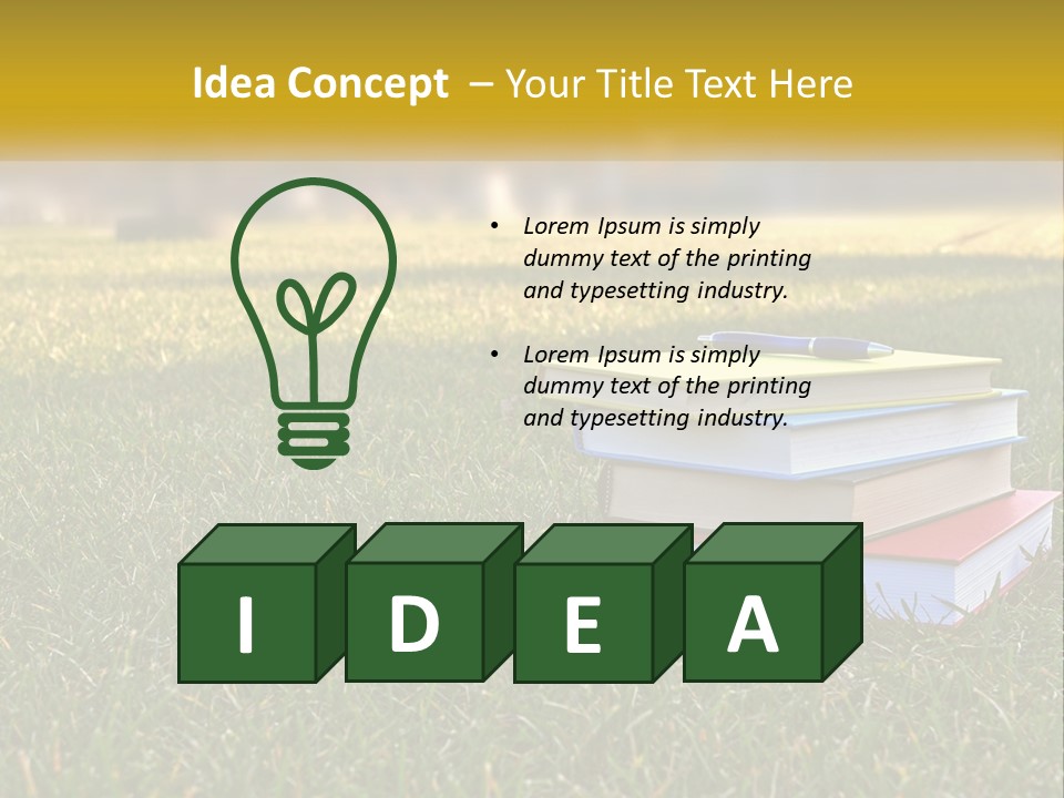 A Stack Of Books Sitting On Top Of A Lush Green Field PowerPoint Template