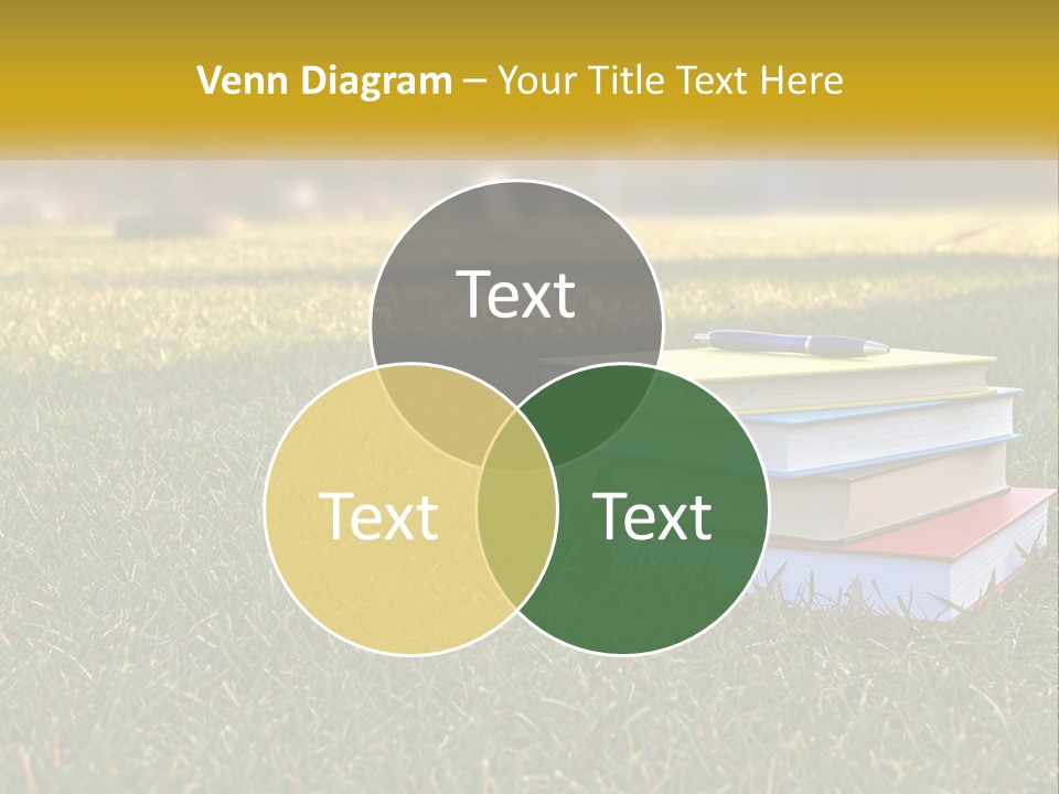 A Stack Of Books Sitting On Top Of A Lush Green Field PowerPoint Template