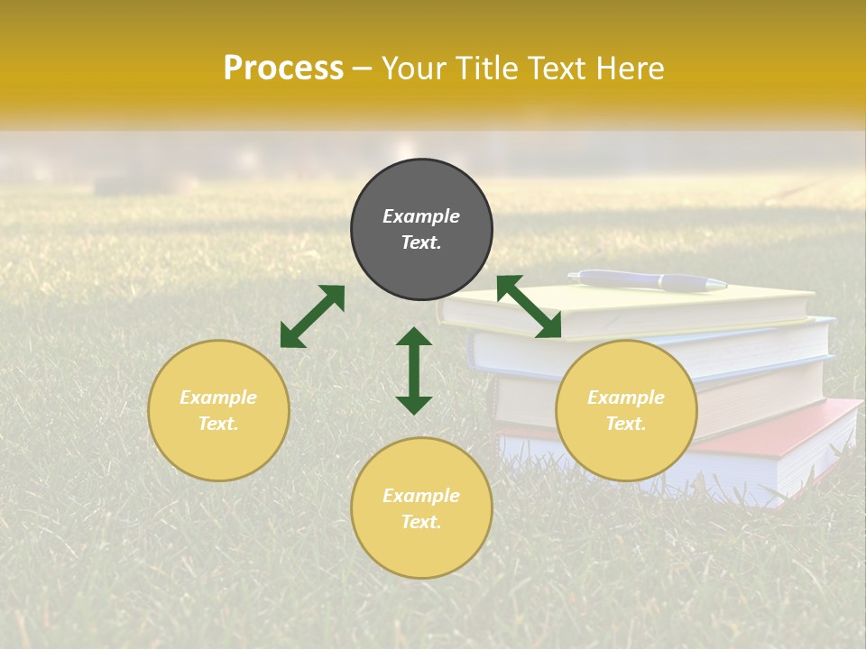 A Stack Of Books Sitting On Top Of A Lush Green Field PowerPoint Template