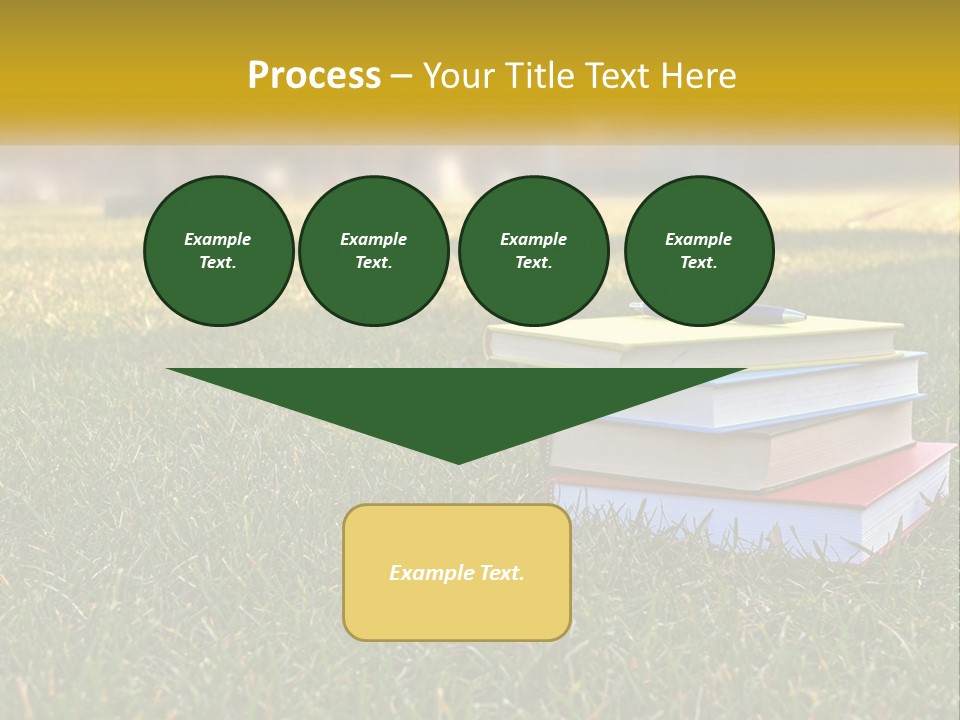 A Stack Of Books Sitting On Top Of A Lush Green Field PowerPoint Template