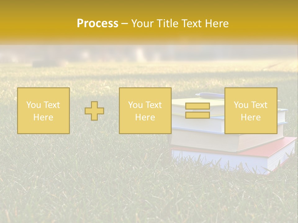A Stack Of Books Sitting On Top Of A Lush Green Field PowerPoint Template