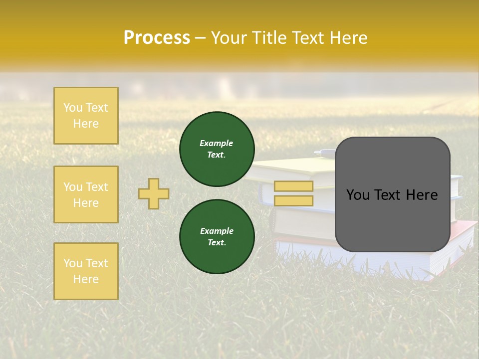 A Stack Of Books Sitting On Top Of A Lush Green Field PowerPoint Template