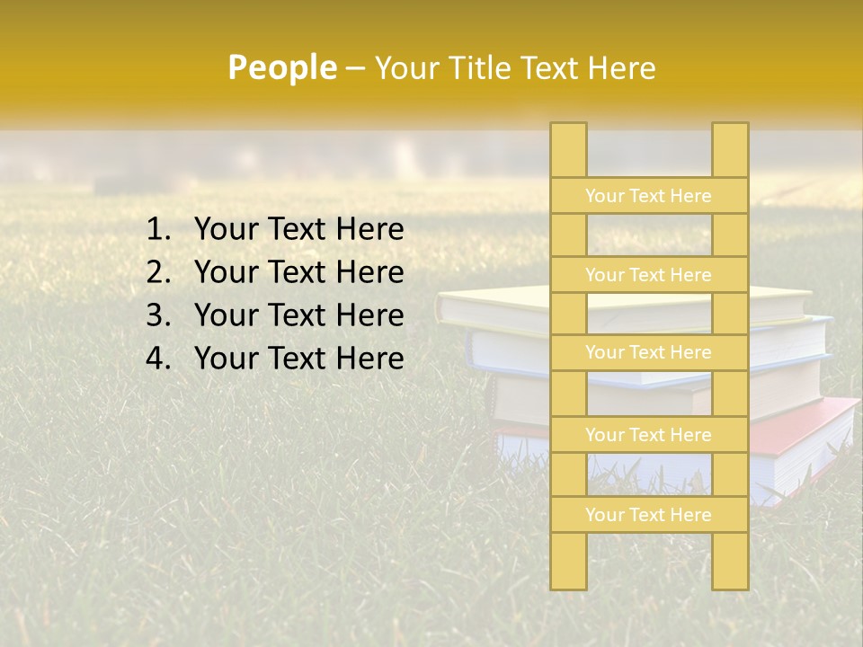 A Stack Of Books Sitting On Top Of A Lush Green Field PowerPoint Template