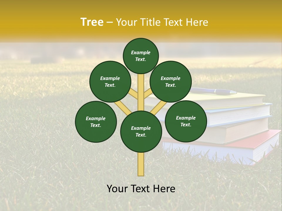 A Stack Of Books Sitting On Top Of A Lush Green Field PowerPoint Template