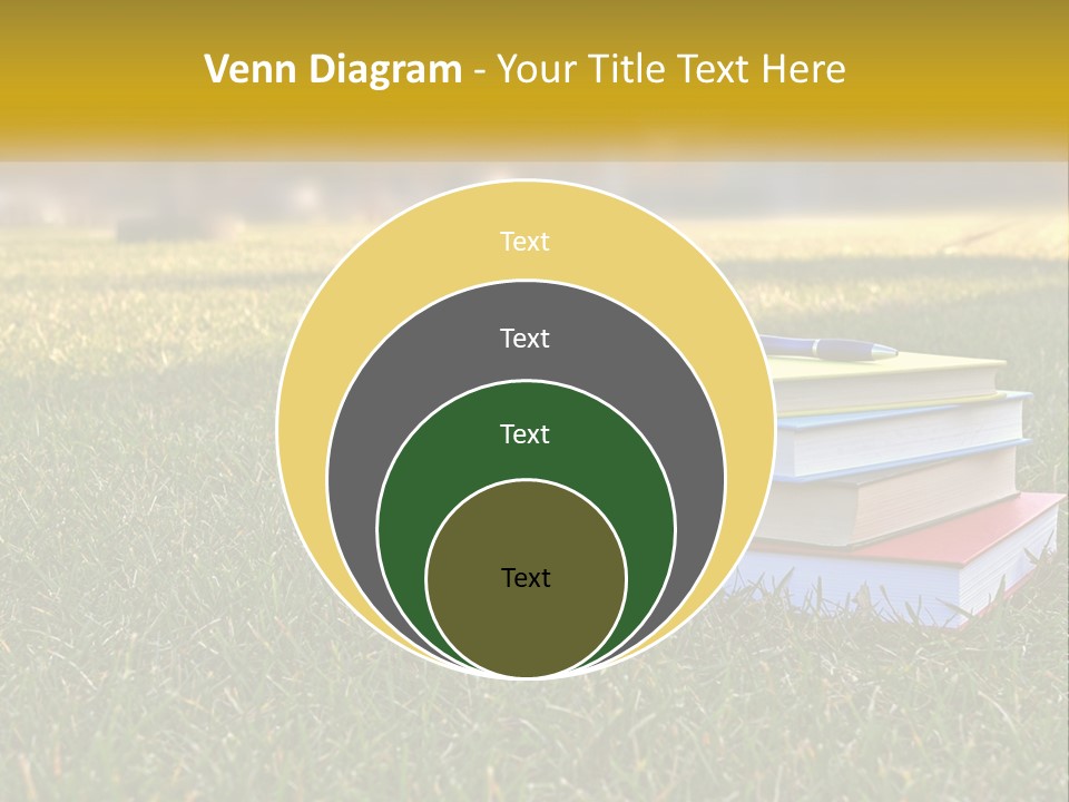A Stack Of Books Sitting On Top Of A Lush Green Field PowerPoint Template