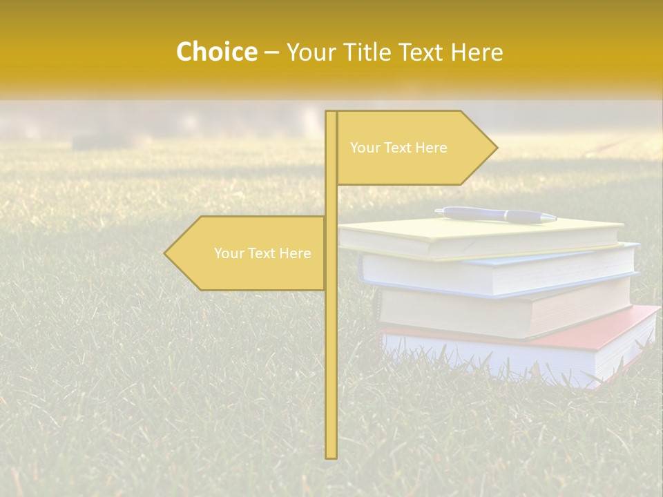 A Stack Of Books Sitting On Top Of A Lush Green Field PowerPoint Template