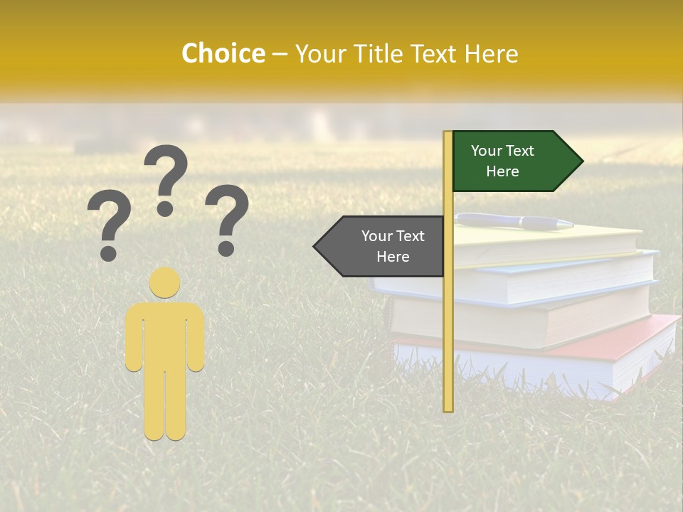 A Stack Of Books Sitting On Top Of A Lush Green Field PowerPoint Template