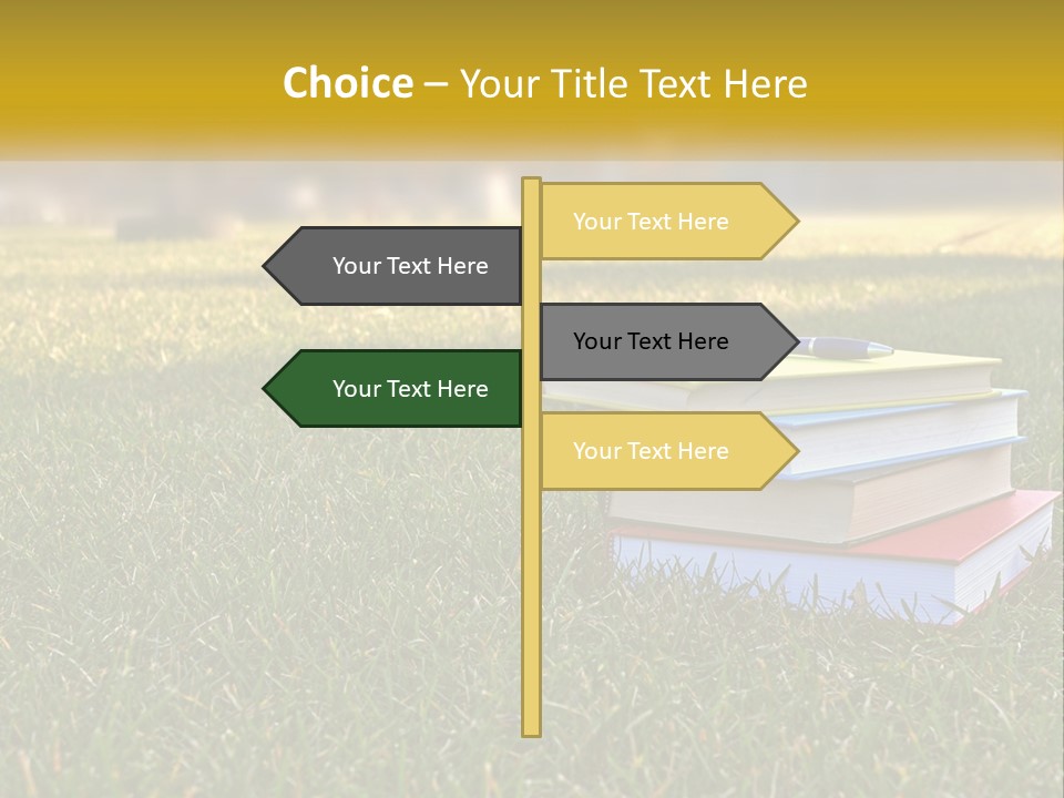 A Stack Of Books Sitting On Top Of A Lush Green Field PowerPoint Template