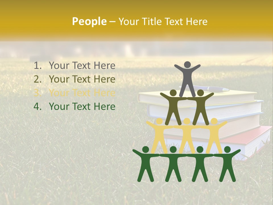 A Stack Of Books Sitting On Top Of A Lush Green Field PowerPoint Template