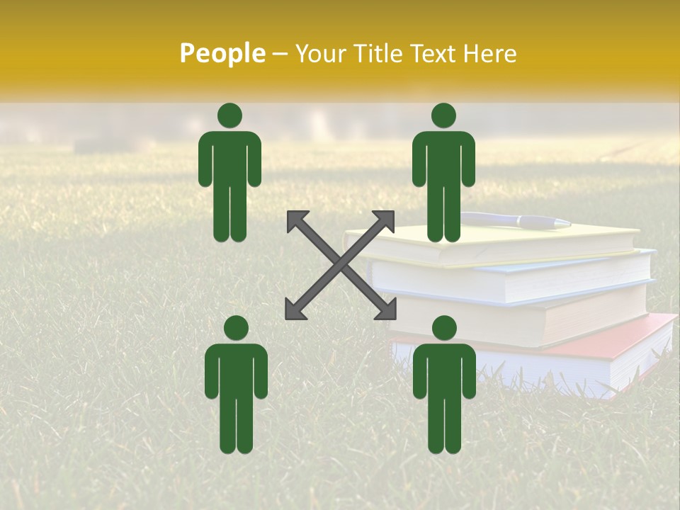 A Stack Of Books Sitting On Top Of A Lush Green Field PowerPoint Template