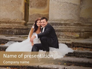 A Newly Married Couple Sitting On Steps In Front Of A Building PowerPoint Template