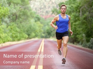 A Man Running Down A Road With Trees In The Background PowerPoint Template